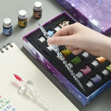 13/7 pcs/set Crystal Glass Pens Starry Sky Unicorn Calligraphy Dip Pen Glitter Powder Fountain Pens Colors Ink Gift Box Writing